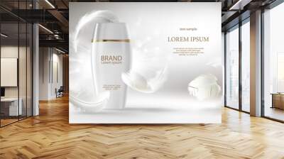 Vector cosmetic banner with 3d realistic white bottle for skin care cream or body lotion, mockup to promotion your brand. Beauty product concept illustration on shiny light background with feathers Wall mural