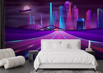 Vector empty road in modern megapolis at night. Morning mist on asphalt way in city, motion on highway. Full moon and flying plane.Urban skyscrapers in neon colors, town exterior, architecture concept Wall mural