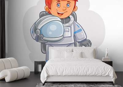 Vector icon of small child astronaut in a space suit and helmet in hand. Wall mural