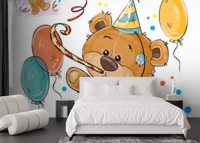 Vector illustration of a brown teddy bear in a cardboard hat and with a whistle surrounded by balloons. Print, template, design element for greeting cards and invitations to a party Wall mural