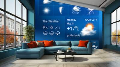 Vector illustration of realistic weather symbols, design for a mobile application weather forecast , a widgets layout of a meteorological application Wall mural