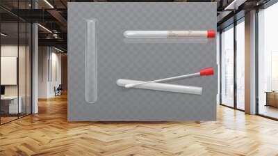 Vector medical set for analysis - q-tip with cotton swab and test tube, transparent glass capsule. Individual hygiene toiletries in plastic box with data for hospital. Health care concept. Wall mural