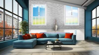 Vector mockup of empty room with brick wall, two windows, blue carpet, vase and bottle of water on wooden floor. Interior scene, studio for fitness or yoga trainings, template for your design Wall mural