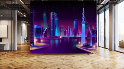 Vector modern megapolis on river at night. Contemporary architecture - bright glowing buildings, boardwalk and bridge in cartoon style. Urban skyscrapers in neon colors, town exterior, background. Wall mural