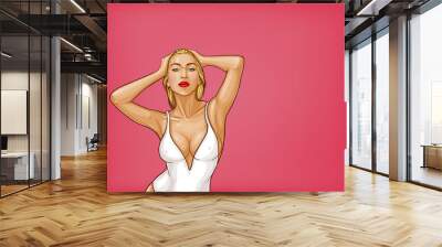 Vector pop art blonde woman with wet hair, blue eyes in white one-piece swimming suit isolated on pink background. Sexy character in underwear for ad poster, promo banner, design illustration. Wall mural