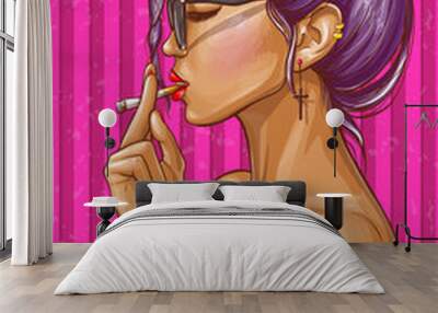 Vector pop art illustration of nude girl with closed eyes smoking cigarette. Sexy hipster woman in glasses on striped pink background. Female glamour character portrait, avatar for social networks Wall mural