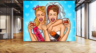 Vector pop art illustration of two rapturous sexy girls bride and her bridesmaid celebrating a hen-party Wall mural