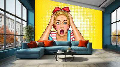 Vector pop art shocked, surprised girl with opened mouth. Blonde housewife woman touching her head with amazed face. Illustration for sale, discount, promo, advertising poster Wall mural