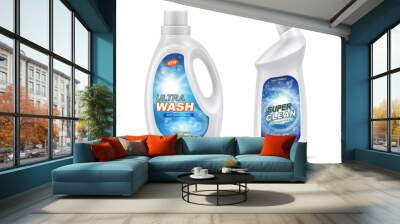 Vector realistic set of two plastic white bottles with labels, liquid detergent for dirty laundry, toilet or sink cleaner, antibacterial gel for cleaning bathroom. Mockup for brand and package design Wall mural