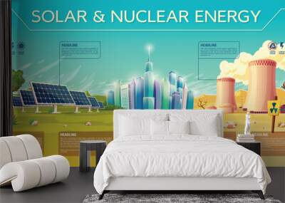 Vector solar against nuclear energy concept Business presentation infographic template. Renewable traditional technology illustration power plant solar battery reactor tower green dry tree modern city Wall mural