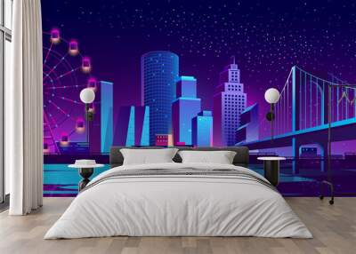 Vector urban concept background with night city illuminated with neon glowing lights. Futuristic cityscape with modern buildings, high skyscrapers, Ferris wheel in amusement park on bank of river Wall mural