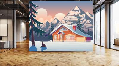 wooden cottage house, chalet in winter mountains. christmas vacation background. ski resort hotel in Wall mural