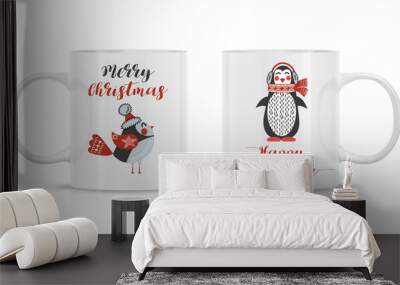  Design Template for Mock Up. Vector. Two mug mock-up. Photo realistic white cup isolated on the white background, with New Year and Christmas illustration.  Wall mural