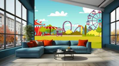 amusement park vector illustration of cartoon attraction rides and circus tent. flat background desi Wall mural