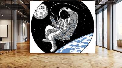 Astronaut or cosmonaut in open space vector illustration. Sketch retro design of astronaut in space suit on earth or moon planet orbit showing hello hand gesture in porthole window of spaceship rocket Wall mural