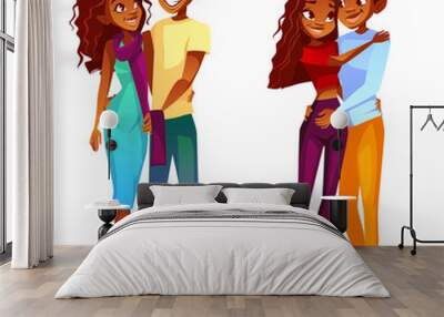 Black couple in love vector illustration of young Afro American teen boy and girl in romance or dating. Cartoon characters of man and woman looking in eyes, embracing or holding hands together Wall mural