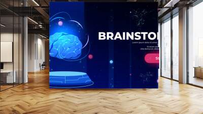 Brainstorm landing page, artificial intelligence technologies, glowing human brain levitate on antigravity platform on neon glowing futuristic background, Cartoon vector illustration, web banner Wall mural