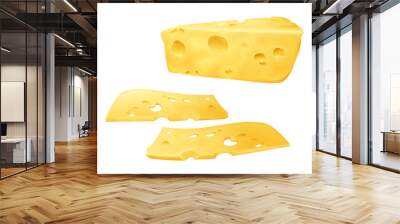 Cheese slices 3D vector illustration of sliced Emmental or Cheddar and Edam cheese with holes. Realistic design template isolated on white background for dairy food or product package Wall mural