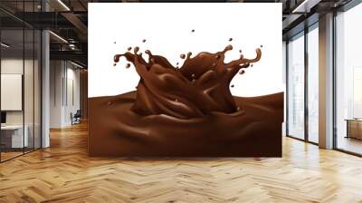 Chocolate splash vector illustration of realistic 3D dark or milky choco fondant swirl with drops in liquid flow on white background for candy or sweet dessert package design element. Wall mural