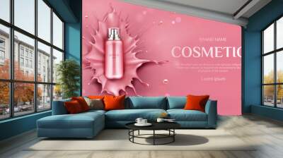 Cosmetics bottle mock up banner, beauty skin care cosmetic product spray tube on pink liquid splash background with drops. Lotion, gel package promo ad poster design. Realistic 3d vector illustration, Wall mural