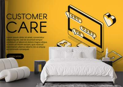 Customer care and online service vector illustration. Call center assistant or business company manager help chat in computer and smartphone in isometric black thin line on yellow halftone design Wall mural