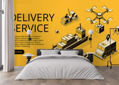 Delivery service transport vector illustration of air freight, ship cargo or drone and truck with parcel boxes. Shipping and logistics types isometric black thin line on yellow halftone background Wall mural