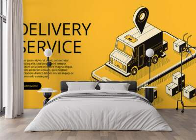 delivery service vector illustration of loader truck and parcel boxes at warehouse. logistics and tr Wall mural