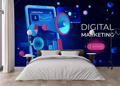 Digital marketing landing page, smartphone screen with megaphone or loudspeaker, data analysis charts and magnifying glass on futuristic neon glowing background. Cartoon vector illustration, banner Wall mural