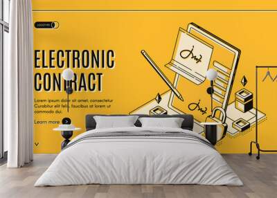 Electronic contract isometric web banner, e-signature on document at tablet screen with stylus pen and padlock, digital signing service secured internet technology, 3d vector landing page, line art Wall mural