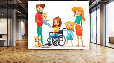 Family and handicapped child vector illustration. Disabled girl in wheelchair surrounded by happy mother and father, sister and baby brother with dog pet for children disability people concept Wall mural