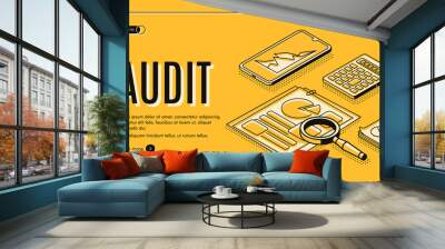 Financial audit online service isometric vector web banner, landing page. Business documents with statistics infographics, stock exchange fluctuation on smartphone screen and calculator illustration Wall mural