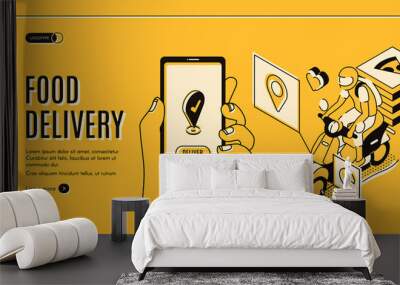 Food delivery service isometric landing page. Mobile city bike transportation, Online shipping application, hand hold smartphone with gps mark on screen, 3d vector illustration, line art, web banner Wall mural