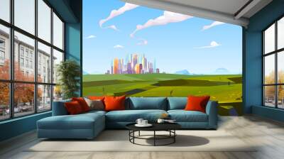 Futuristic city in green valley among mountains, modern megapolis with glass buildings stand on beautiful nature landscape background on summer time, skyscrapers reflect sun Cartoon vector Wall mural