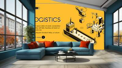 Global maritime logistics company vector web banner, landing page with helicopter carrying container and cargo ship or oil tanker near oil platform isometric line art illustration on yellow background Wall mural