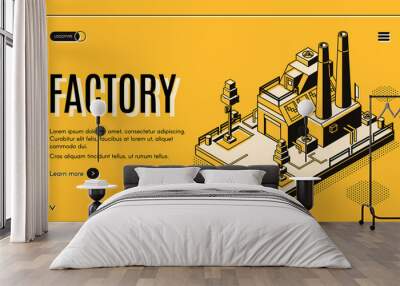 Heavy industry company isometric vector web banner with industrial production factory or energy generation plant building with chimneys line art illustration. Manufacturing enterprise landing page Wall mural