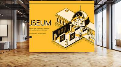 Historical, art or science museum cross section isometric vector web banner. Classic architecture building with domed roof yellow, black line art illustration. Public exhibition landing page template Wall mural