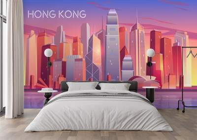 Hong Kong city evening, morning skyline cartoon vector with sunset light reflecting in skyscrapers buildings glass windows on bay shore illustration. Metropolis downtown, urban architecture background Wall mural