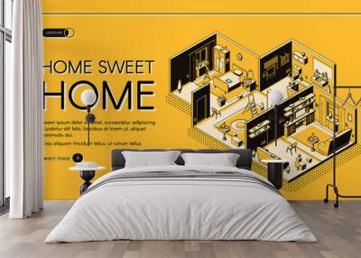 House construction company dwelling place configuration service isometric vector web banner. Residence, apartment rooms cross section plan illustration. Interior design atelier landing page template Wall mural