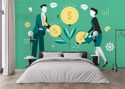 Investment tree growth vector illustration of businessman profit income of money coins on tree and woman with watering can. Cartoon flat commerce and business income concept Wall mural