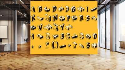 Isometric letters halftone font vector illustration of thin line cartoon abstract alphabet typography, numbers and symbols or signs in geometric shape 3D style on yellow background Wall mural