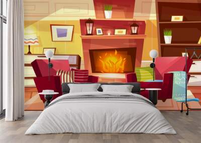 Living room interior vector illustration of cozy modern or retro apartments and furniture. Cartoon background of armchairs at fireplace, table and bookshelf with lamp on drawer Wall mural