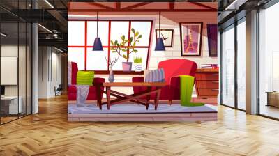 Loft lounge room interior vector illustration. Modern cozy spacious roof garret of cockloft apartments style with furniture, blanket on sofa, chair and velvet carpet with bookshelf Wall mural