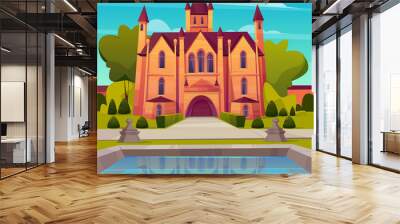 Medieval castle, luxury villa, mansion in victorian architecture style cartoon vector. Ancient house with towers and gate, elite real estate object with swimming pool or fountain in yard illustration Wall mural