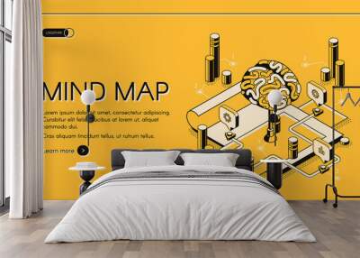 Mind map isometric landing page, human brain and graphical way to represent ideas and concepts, visual thinking tool that help structuring information, 3d vector illustration, line art web banner Wall mural