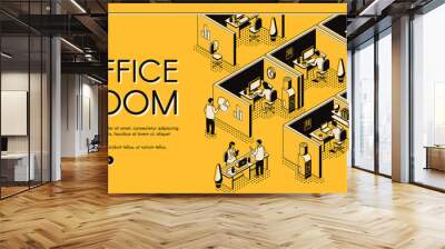 Modern coworking center with individual workplaces isometric projection vector web banner. Company employees working in office cabins line art illustration. Business enterprise landing page template Wall mural