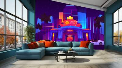 Modern resort metropolis luxury casino building exterior with bright neon illumination, clover leaf logo above door, expensive sport cars on parking in front of entrance cartoon vector illustration Wall mural