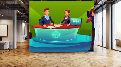 Newscasters team live broadcast cartoon vector. Journalist and TV show guest, invited expert sitting at desk in television chanel studio during interview record, breaking news presenting illustration Wall mural