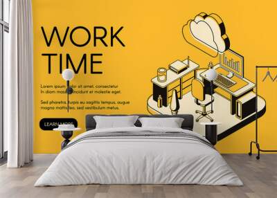 Office workplace vector illustration of isometric black thin line art on yellow halftone background. Manager working place with computer notebook on table and web cloud internet technology Wall mural