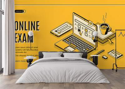 Online exam isometric web banner. Laptop with test questions on screen. Computer app for student examination with questionnaire form, distant education task. 3d vector landing page in line art style Wall mural