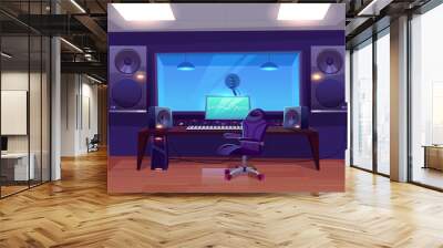 Record producer or audio engineer workplace, recording studio control room interior cartoon vector with armchair near mixing console, loudspeakers, live room with microphone under glass illustration Wall mural